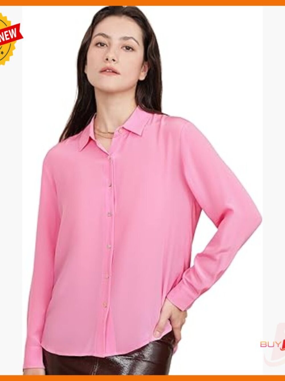 Long Sleeve Silk Button Down Blouse Regular Fit V-Neck Lapel Design